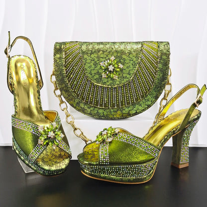 Italian Design Bigger Size Shoes and Bags Set Wedding for Women Bride Ladies High Heel HAND CRAFTED UPPER Shoes with Rhinestone