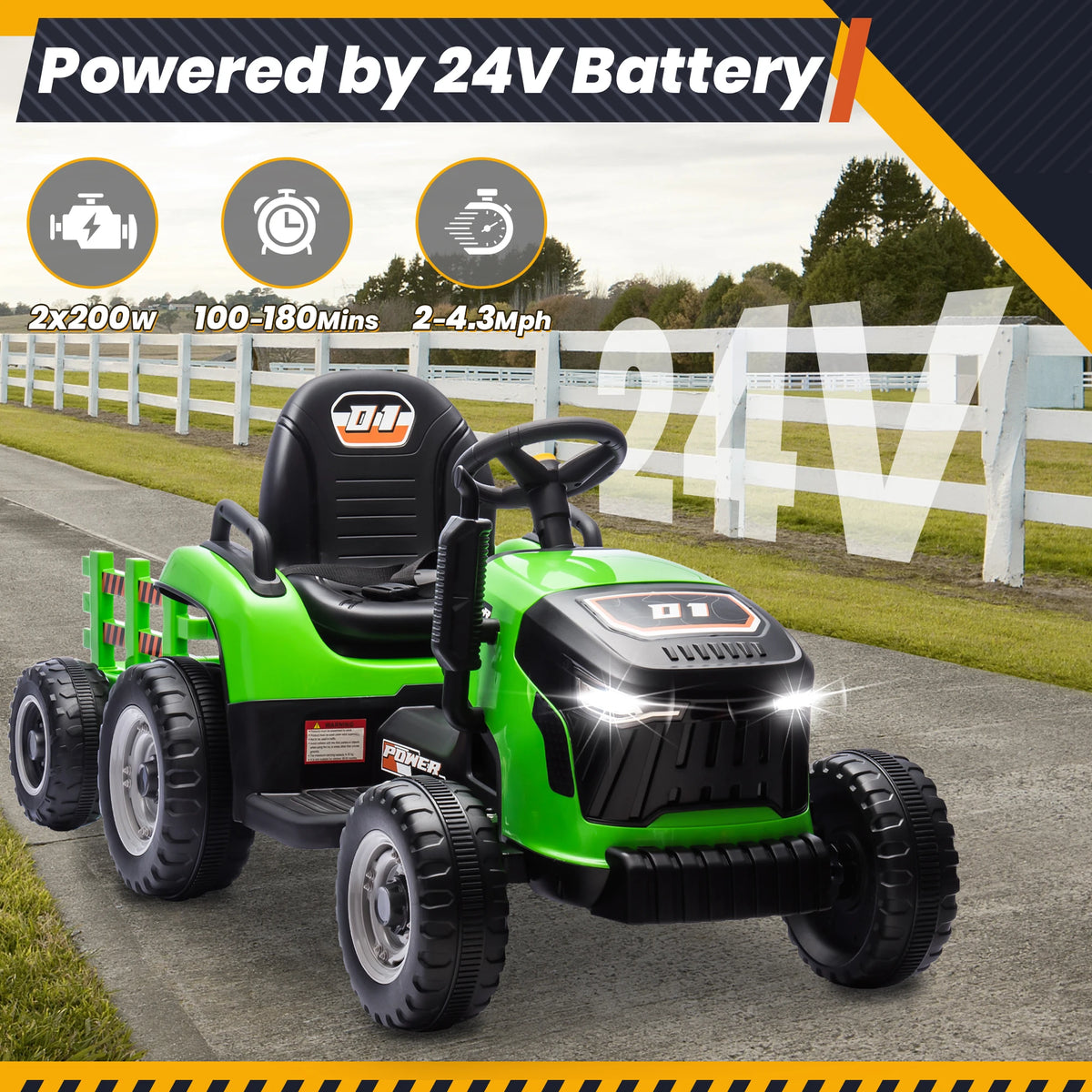 24V Ride On Tractor for Kids, Electric Ride On Toys W/400W Motors, Tiltable & Detachable Trailer, Adjustable Seat, Bluetooth, Mu