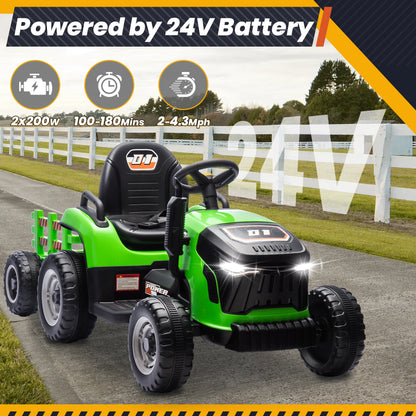 24V Ride On Tractor for Kids, Electric Ride On Toys W/400W Motors, Tiltable & Detachable Trailer, Adjustable Seat, Bluetooth, Mu