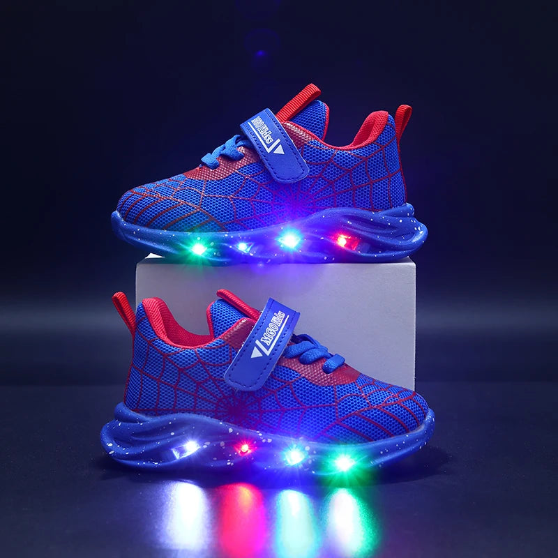 Mgo Children's Boys' Shoes, Light-Up Shoes, Lightweight Shoes, 2024 Spring and Autumn New Flashing Shoes, Fashionable Spider Web Trendy Shoes, Boys' Children's Sports Shoes, Mesh Spring Shoes Suitable for 1-3 Years Old, Child