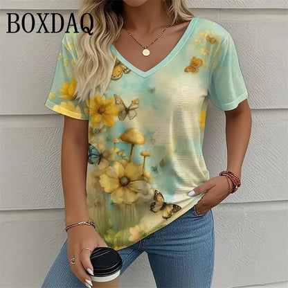 Plant Flowers 3D Print T Shirt For Women 2025 Summer Retro Short Sleeve Shirts Casual Tie Dye Butterfly Loose Plus Size Tops 8XL