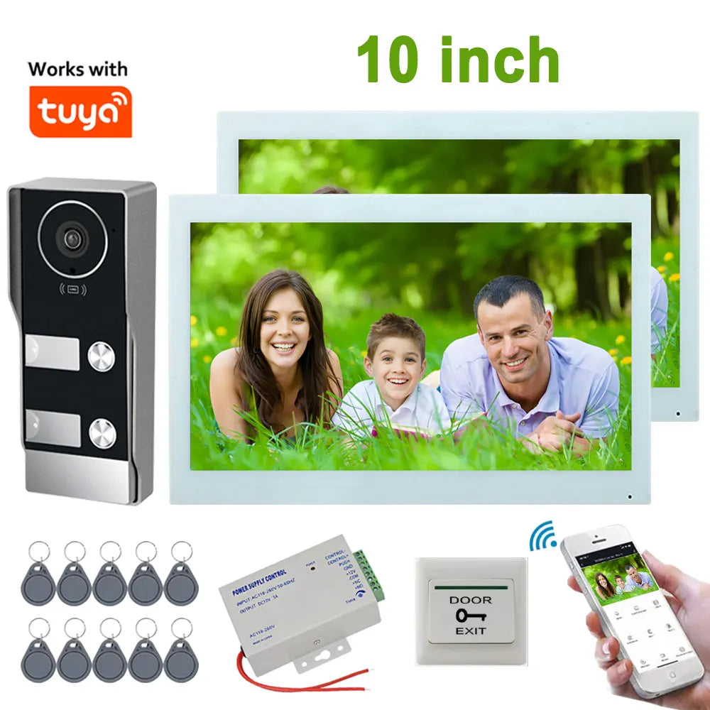 Tuya Smart WiFi Video Doorbell Intercom 1080P 2 Wired 10 inch LCD Video Door Phone System RFID APP Unlock for 2-Unit Apartments