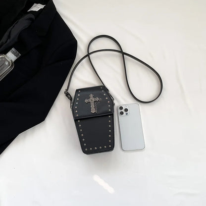 Y2K Crossbody Bag for Women Coffin Shoulder Bag Phone Purse Cool Gothic Cellphone Bag PU Leather New Novelty Halloween Phone Bag
