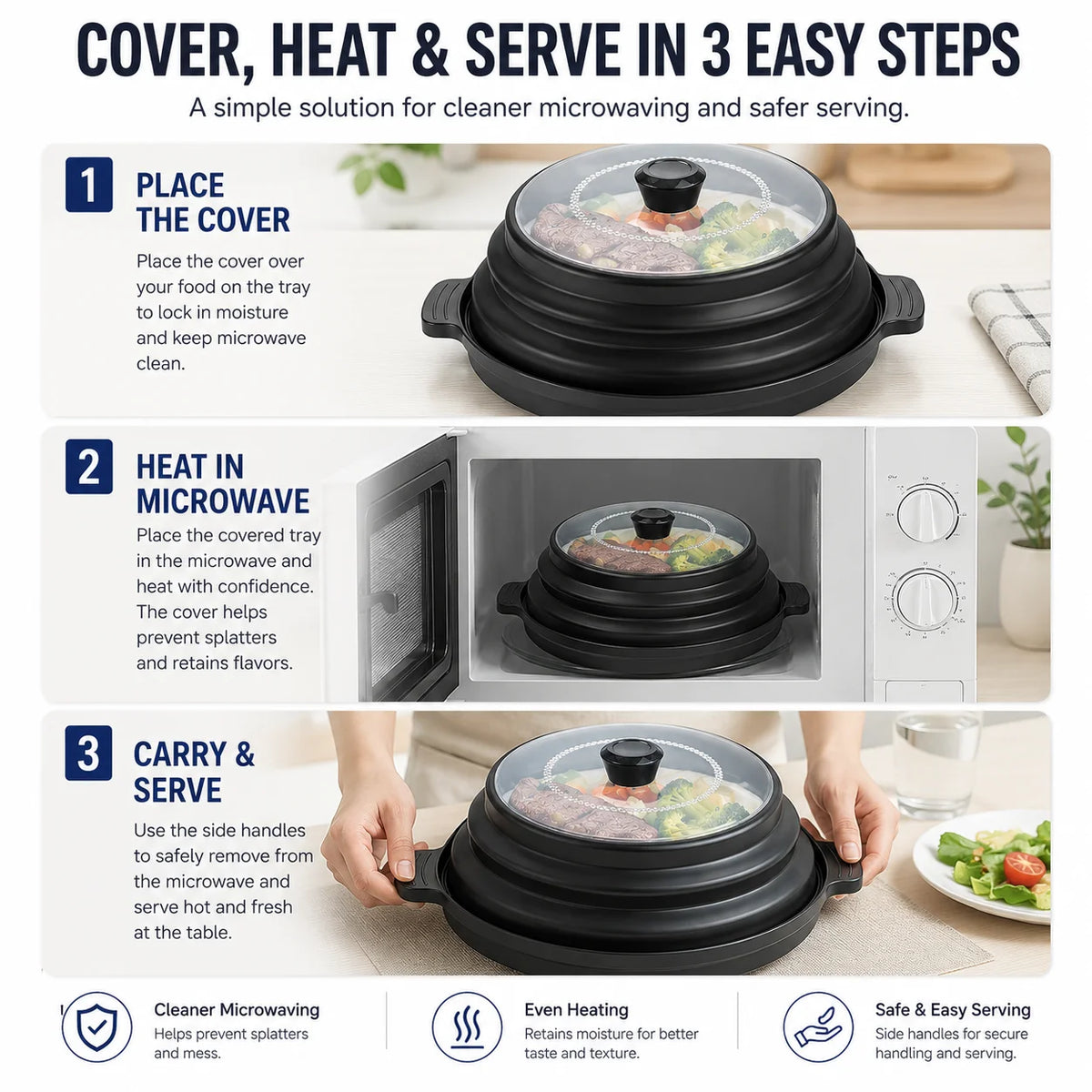 Uwhise 2-in-1 Microwave Splatter Cover for Food with Anti-Scald Base Plate Silicone Vented Collapsible Guard Lid Kitchen Gadgets