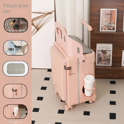 New Suitcase for Children Can Sit 20/22/24 Inch Ride on Luggage Front Opening Sturdy Thickened Travel Suitcase with Cup Holder