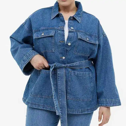 Women Long Length Denim Jacket Plus Size Eco-Friendly Woven Winter Coat Single Button Closure