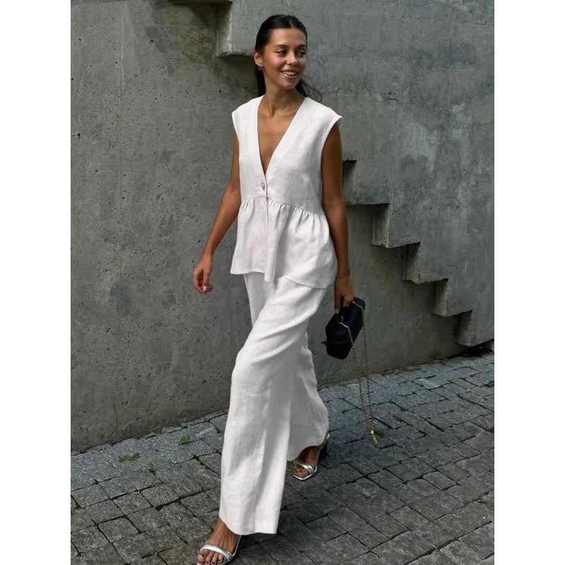 2026 V-neck sleeveless top, vest and long pants suit, solid-color two-piece set