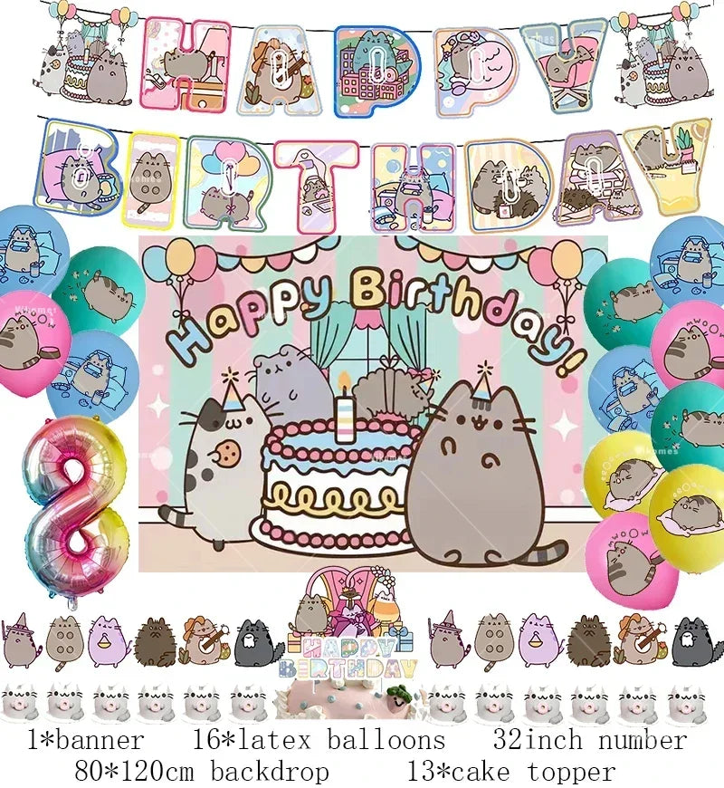 The Pusheen Cat Balloons Birthday Decoration Party Supplies Cartoon Grey Pet Fat Cat Theme Banner Backdrop Cake Topper Sticker