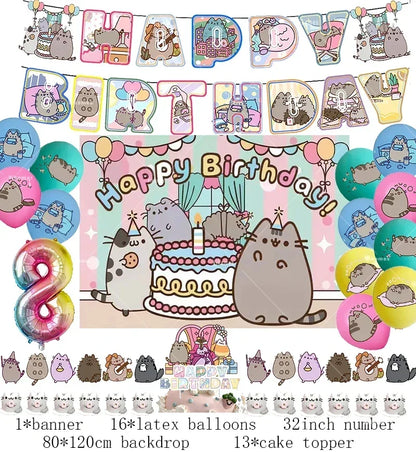 The Pusheen Cat Balloons Birthday Decoration Party Supplies Cartoon Grey Pet Fat Cat Theme Banner Backdrop Cake Topper Sticker