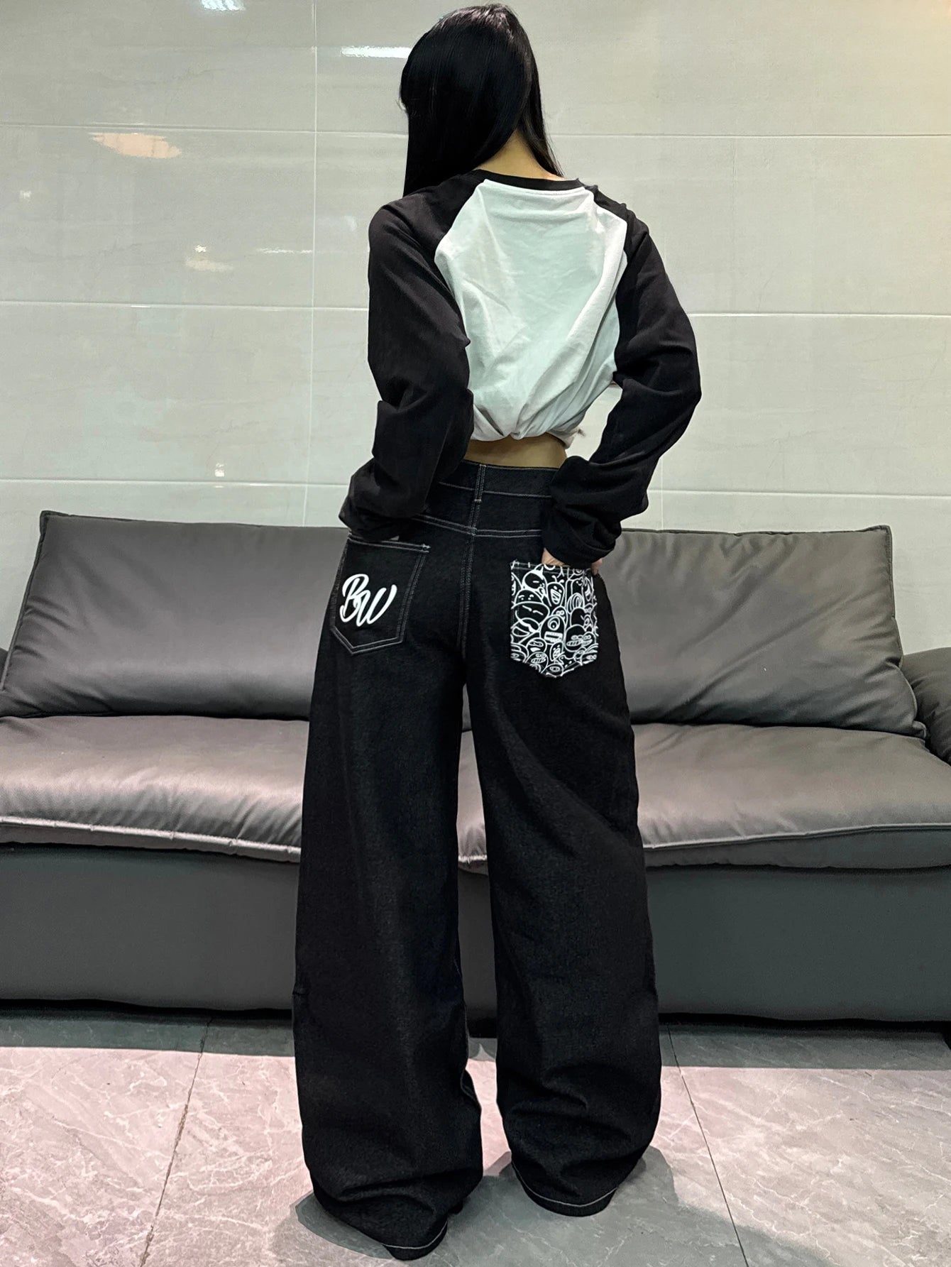 American High Street Cartoon Print Design Black Women's Loose Wide Leg Jeans Y2K Street Fashion Versatile Trousers