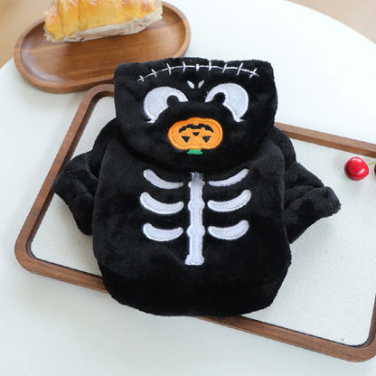 Halloween Pet Hoodie Fleece Dog Sweater Pumpkin Skeleton Cat Costume Warm Plush Coat for Small Medium Dogs Cats Puppy Winter