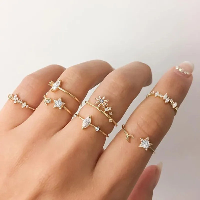 Silver Color Crystal Rings Set for Women, Cubic Zirconia Moon Arrow Flower Heart Finger Wedding Rings, Female Fashion Jewelry