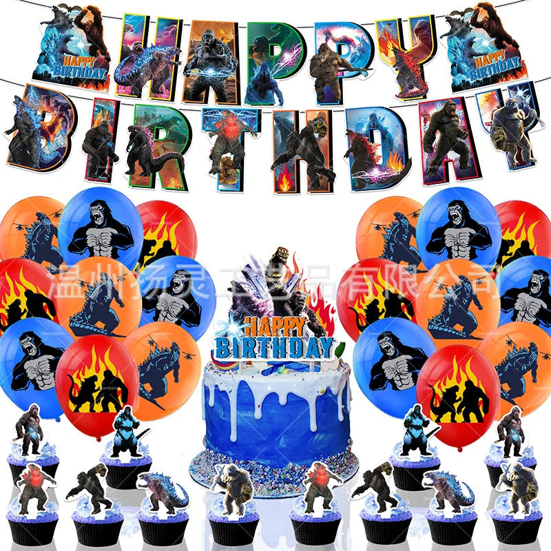 Monster Godzillaed Vs King Konged Happy Birthday Decoration Party Supplies Balloons Banner Backdrop Cake Topper Cup Plate Napkin