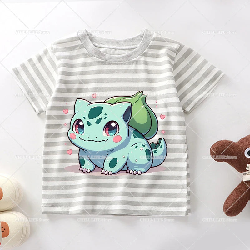 Cartoon Pokemon Stripe T Shirt Cute Pikachu Eevee Bulbasaur Baby Boy Girl Summer Tops Kawaii Toddler Short Sleeve Tee Shirts