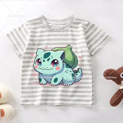 Cartoon Pokemon Stripe T Shirt Cute Pikachu Eevee Bulbasaur Baby Boy Girl Summer Tops Kawaii Toddler Short Sleeve Tee Shirts