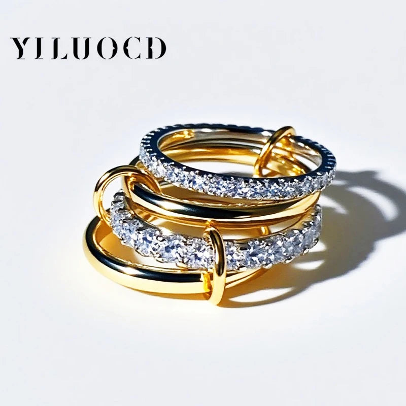 New Stainless Steel Cubic Zirconia Stackable Rings for Women 18k GoldPlating Multi-Link Connected Statement Ring Stack Jewelry