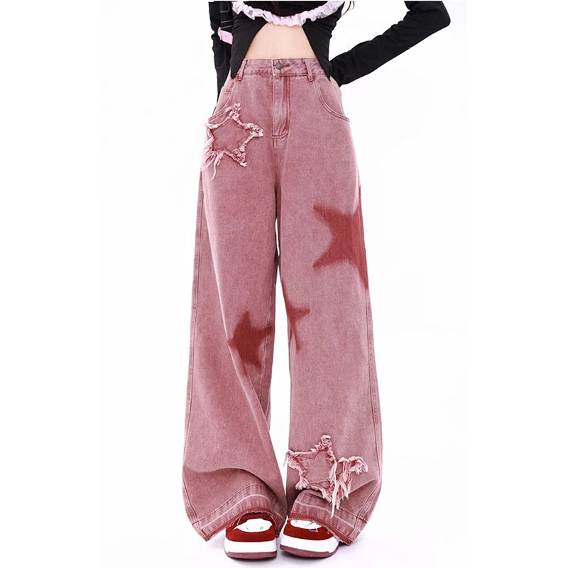 Women Streetwear Pink Jeans Vintage Star Print High Waisted American Retro Wide Leg Denim Pants Hip-hop Straight Y2K Trousers