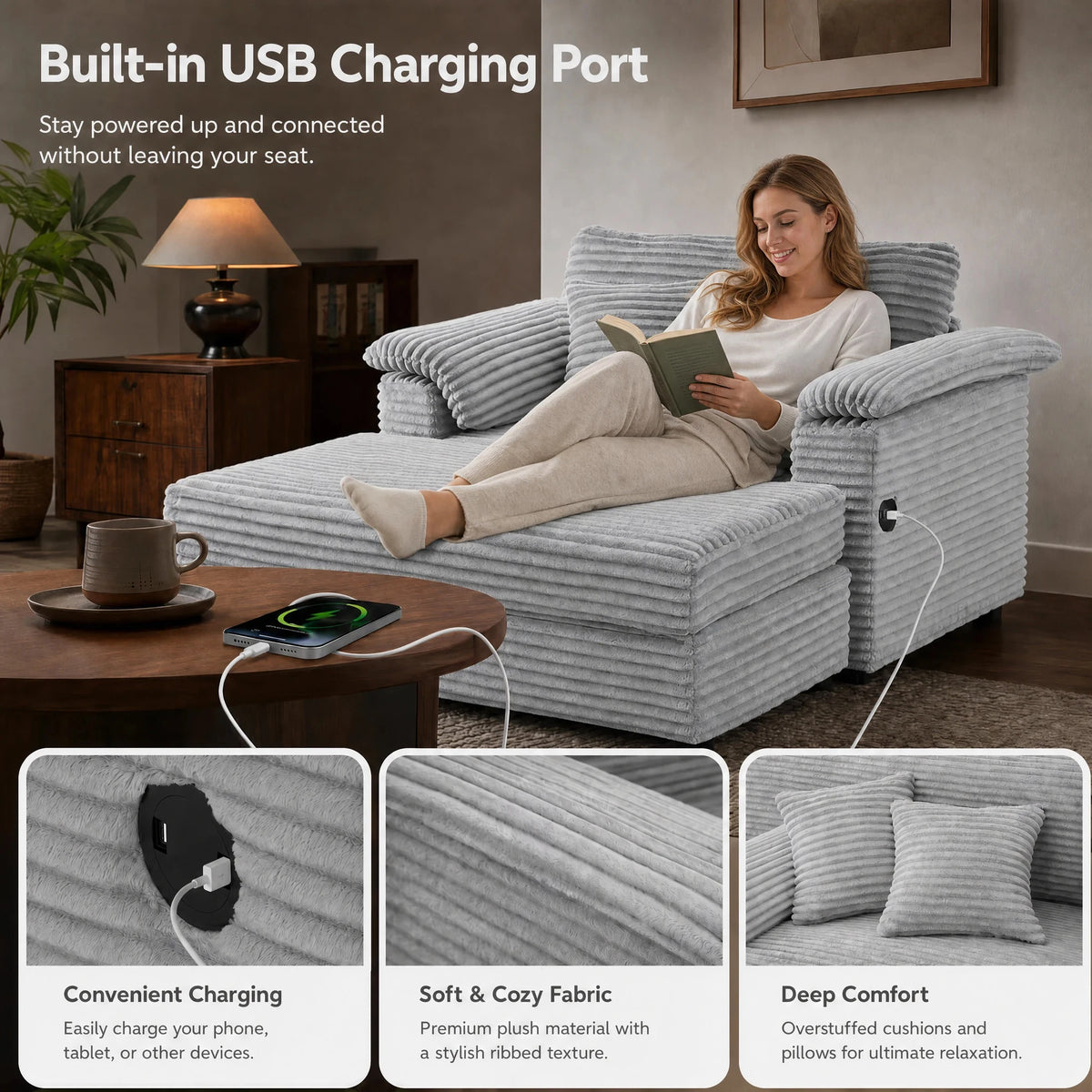 47.24-Inch Corduroy Armchair Storage Ottoman Set Single Sofa Equipped With USB Interface Suitable for Living Room Bedroom