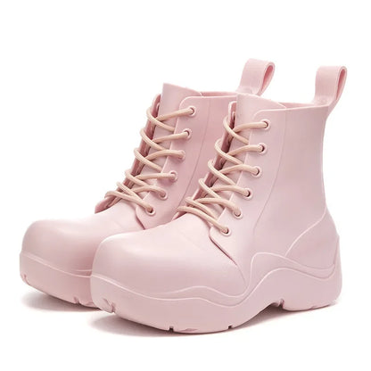 New Thick Sole Outdoor Rain Boots Women's Lace Up Fashion Solid Color Short Sleeve Four Seasons Waterproof Rain Shoes 장화 레인부츠