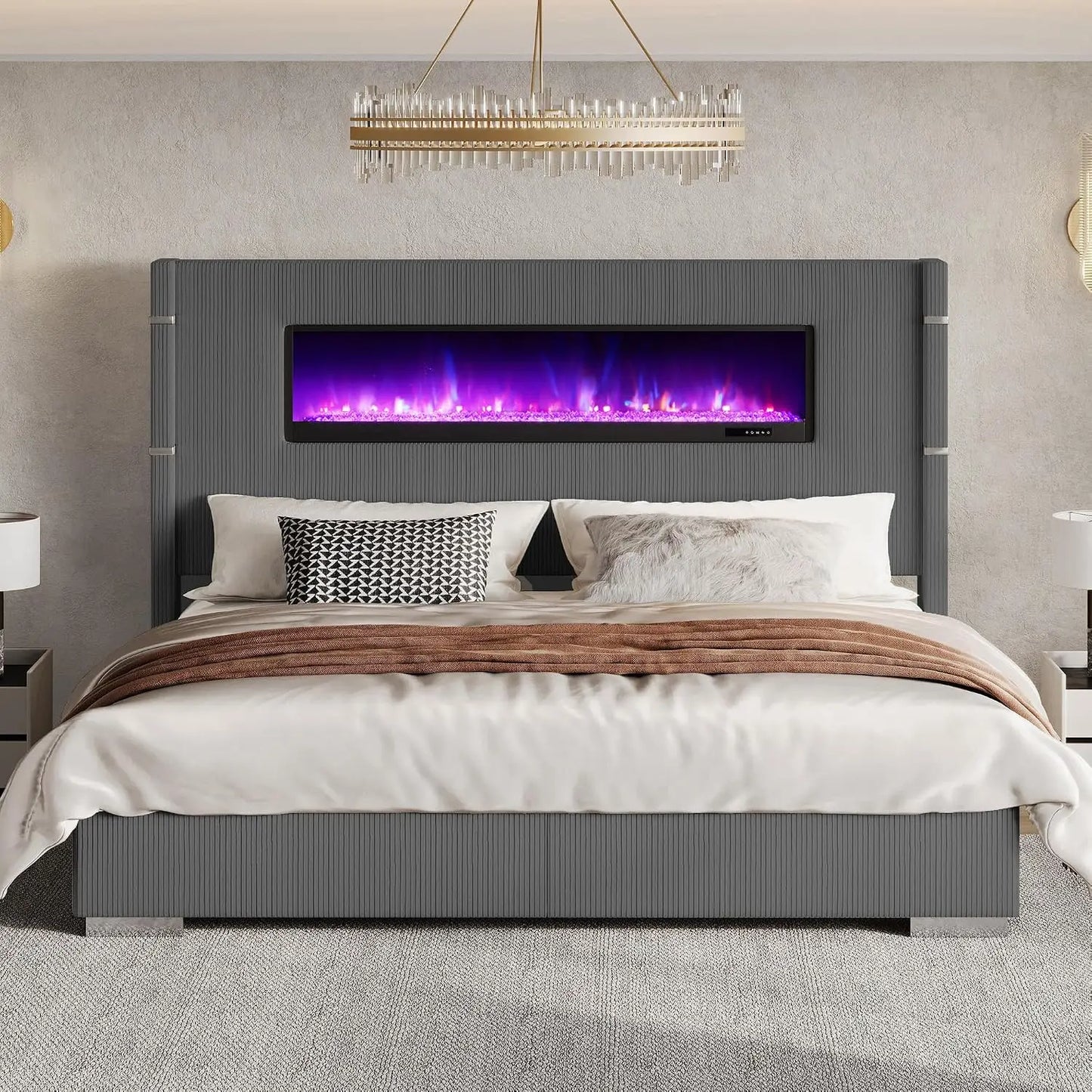 60.4“ King Size Upholstered Bed Frame with Fireplace, Grey | Modern Bed Frame with Extra Tall Headboard, Wingback, Customized