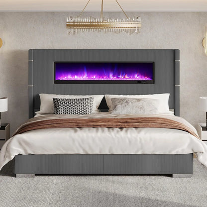 60.4“ King Size Upholstered Bed Frame with Fireplace, Grey | Modern Bed Frame with Extra Tall Headboard, Wingback, Customized