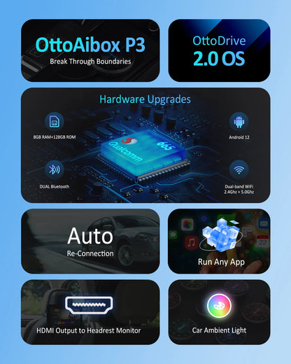 OTTOCAST P3 OttoAibox CarPlay AI Box Wireless Android Auto Smart TV Box Car Accessories for Benz Audi Kia Hyundai VW Toyota