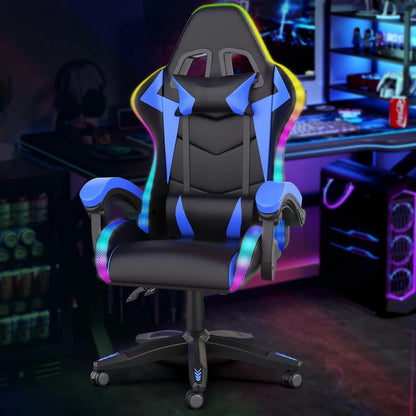 Gaming Chair with RGB LED Lights for Kids & Adults, High Back Ergonomic with Headrest and Lumbar (Black/Blue)
