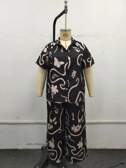 GIBSIE Plus Size Women's Casual Pants Sets Printing Loose Short-sleeved Shirts And Wide-leg Trousers Woman Two Piece Outfits