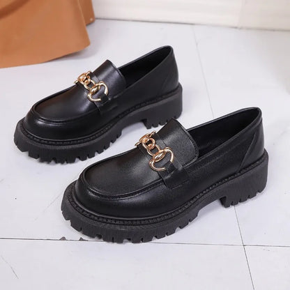 Patent Leather Block Heel Single Shoes Autumn New Round Toe Deep Mouth Metal Chain Platform Anti-Slip Wear-Resistant Loafers