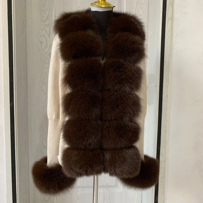 Women's Real Fox Fur Cardigan Jacket Spring and Autumn with Knitted Sweaters and Real Fox Fur Collar Women Raccoon Fur Cardigan