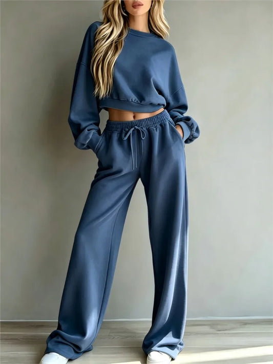 Autumn New Casual O Neck Long-sleeved Ultra-short Sweatshirt Trousers 2piece Set Women Fashion Casual Female Sports Trousers Set