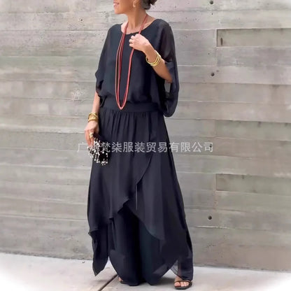 2025 Summer Fashion Women's Solid Color Casual Trendy Loose 2 Piece Chiffon Sets O-neck Short Sleeve T-shirts Wide Leg Trousers