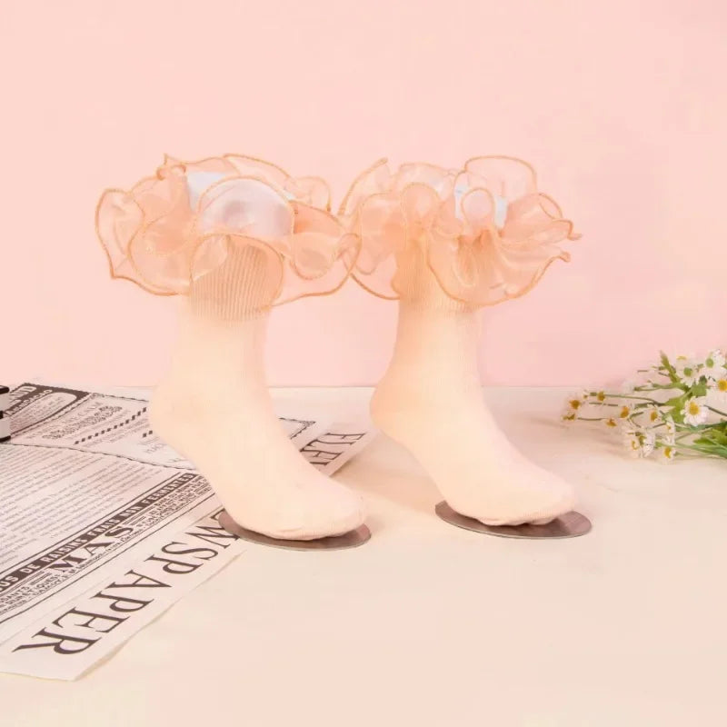 1 Pair Girls' Puffy Lace Socks Children's Combed Cotton Lace Lace Socks Baby Girl Skirt Accessories Solid Color Socks