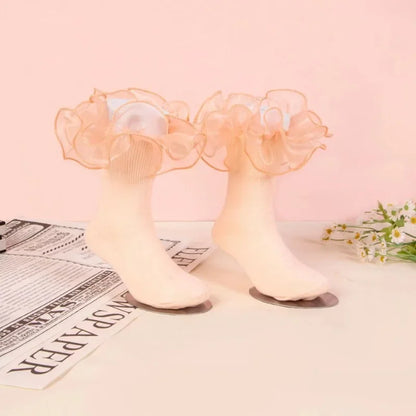 1 Pair Girls' Puffy Lace Socks Children's Combed Cotton Lace Lace Socks Baby Girl Skirt Accessories Solid Color Socks