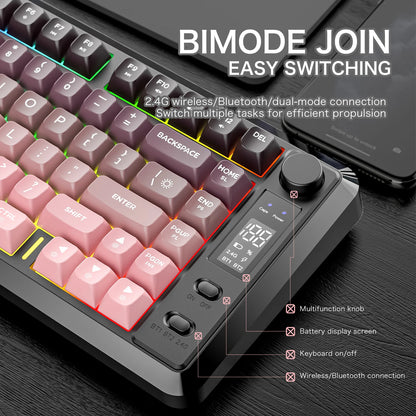 FREEWOLF M75 Wireless Keyboard, Bluetooth Dual-mode, PBT Gradient Ball Cap, With Display Screen, Gaming Keyboard