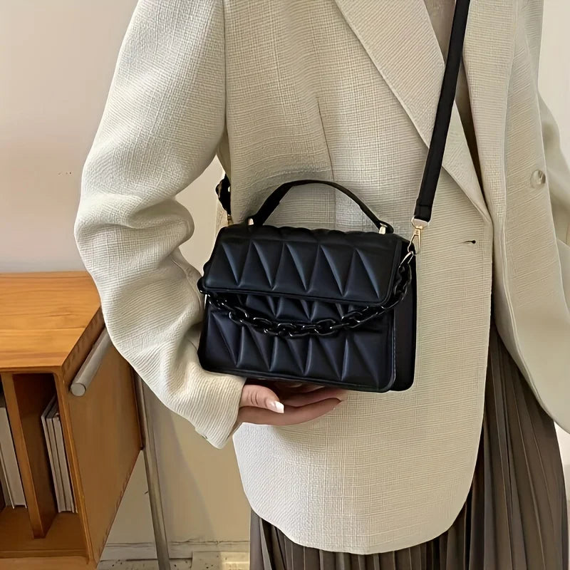 Quilted Rhombus Small Handbag for Women, Retro Thick Chain Flap Square Purse, Versatile Crossbody Shoulder Bag for Daily Outfit