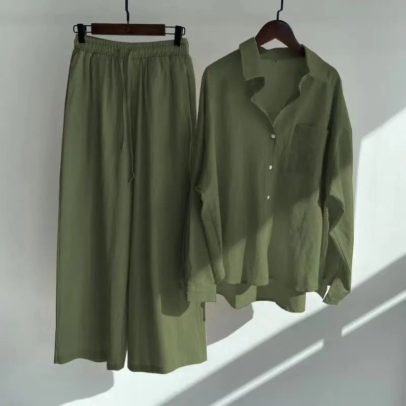 Cotton And Linen Solid Color Pant Sets Women Single-breasted Shirts And Drawstring Loose Wide Legs Trousers Two Piece Set Casual