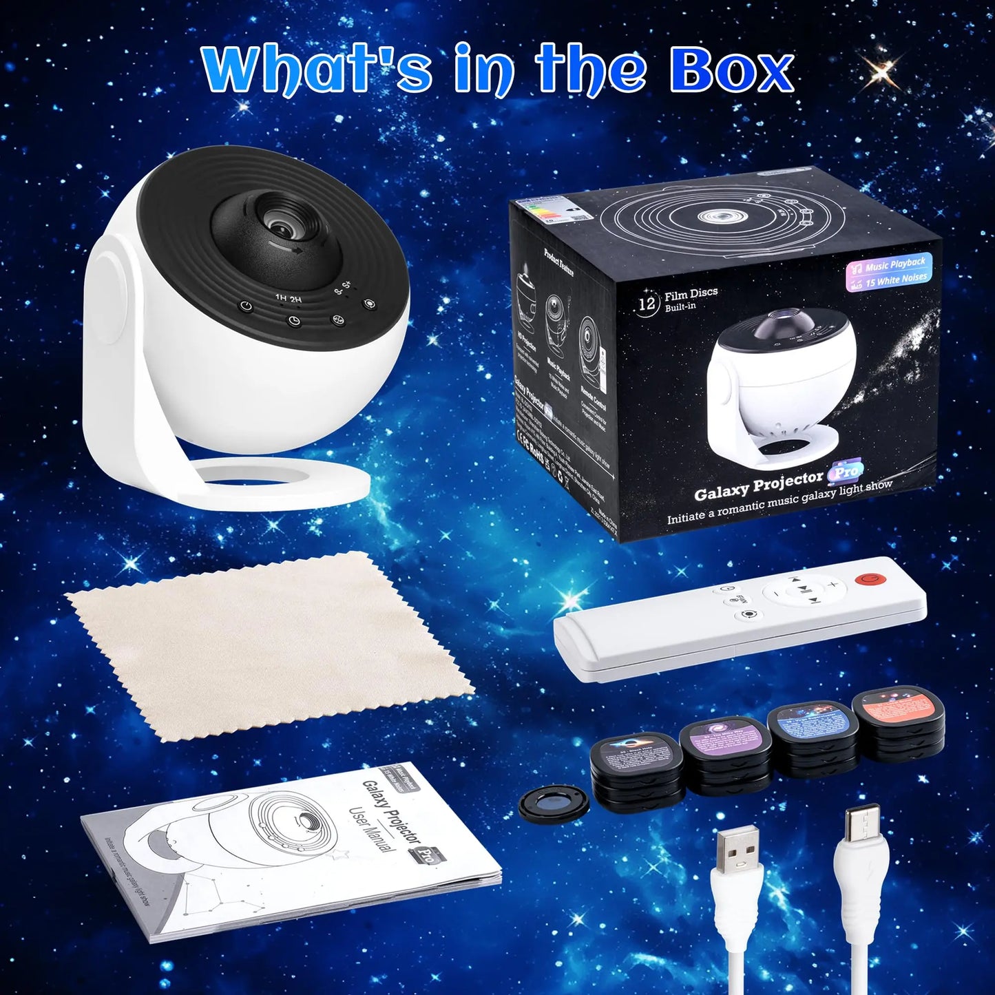 Galaxy Projector for Bedroom Pro Version HD 12 in 1 Film Discs Star Projector Galaxy Light Planetarium Projector with Timer White Noise 360 ° Rotation Bluetooth Remote Control
