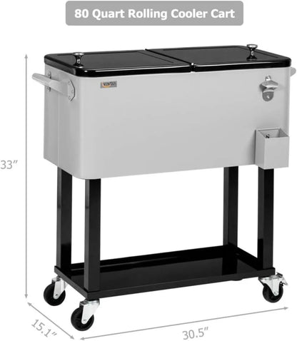 Rolling Ice Chest, 80QT Cooler Cart with Shelf, Beverage Pool, Bottle Opener, Portable Party Bar