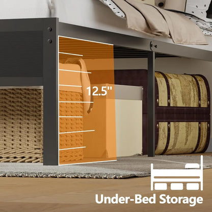 Full Bed Frame & Wood Storage Headboard,LED Light & Charging Station,2-Tier Shelves,Metal Platform,Bedroom,Full, Custom