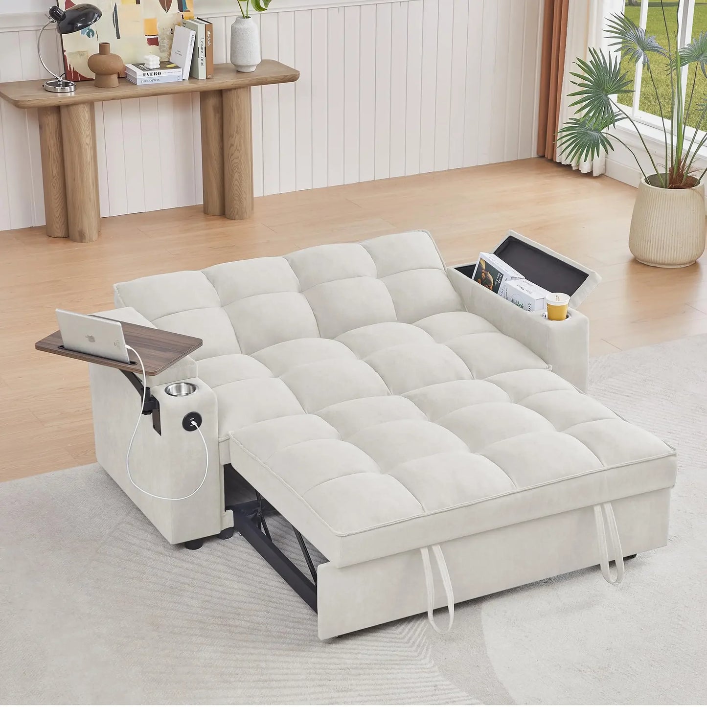 hansones 65'' 3-in-1 Folding Convertible Sofa Bed, Pullout Sofa, Modern Chenille Fabric, 360° Swivel Side Table, Easy Assembly,