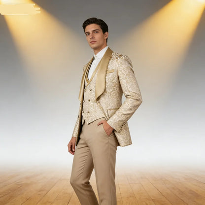 Champagne Jacquard 3-Piece Men's Formal Smoking Suit with Shaw Lapel Blazer Set for Groom Wedding Best Man Tuxedos for Party