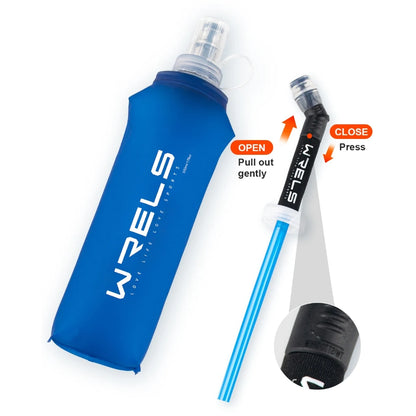 WRELS Foldable Silicone Water Bottle Outdoors Traveling Sport Running Cycling Kettle Water Bottle BPA Free 500ml With Straw