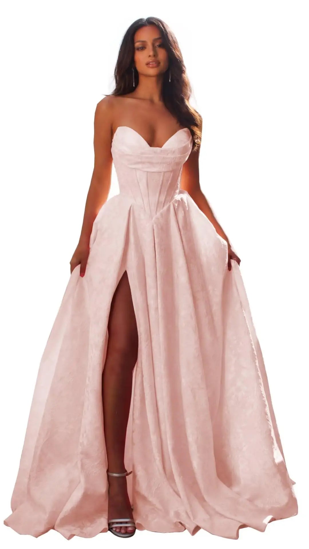 Jacquard Satin Prom Dresses with Slit Strapless Corset A Line Long Formal Gowns Party Evening Gown Formal Dress Women Elegant