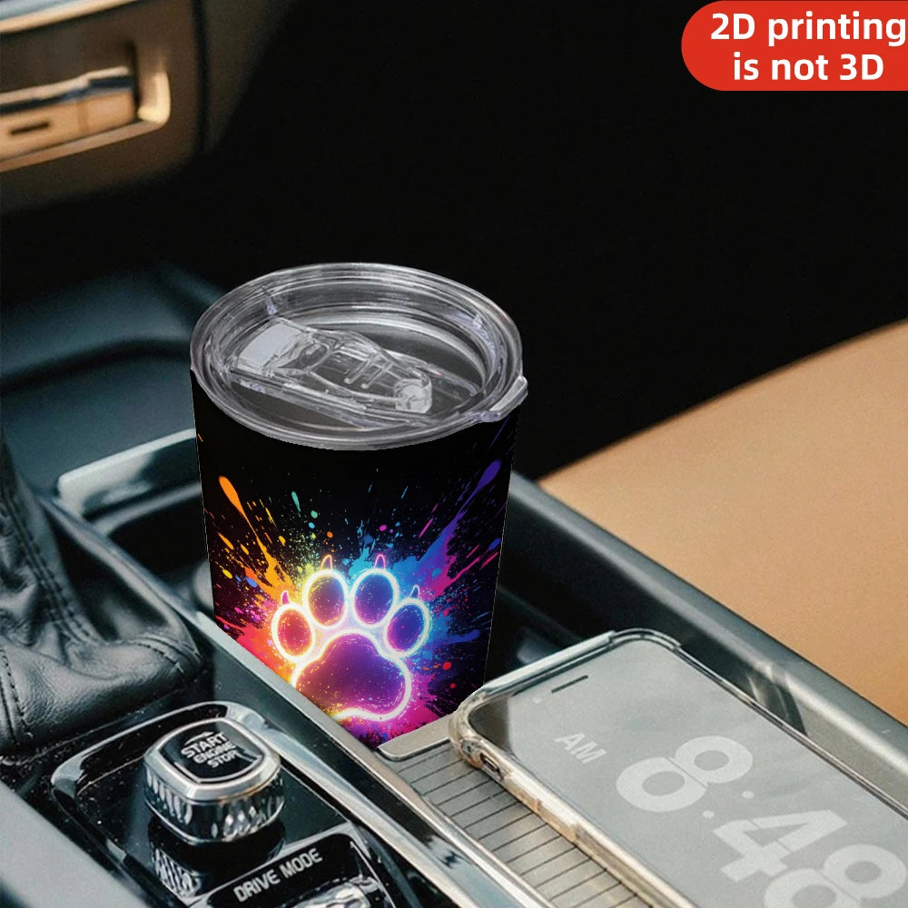 20oz Neon Glowing Paw Print Printed Stainless Steel Tumbler with Lid and Straw, Colorful Paint Splatter Dog Cat Paw Pet Lover Vacuum Insulated Travel Coffee Mug Gifts