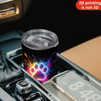20oz Neon Glowing Paw Print Printed Stainless Steel Tumbler with Lid and Straw, Colorful Paint Splatter Dog Cat Paw Pet Lover Vacuum Insulated Travel Coffee Mug Gifts