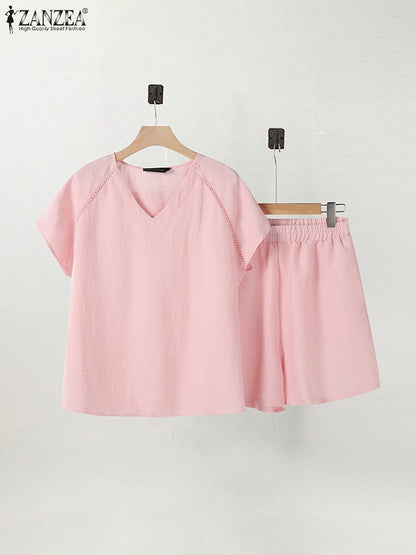 2025 ZANZEA Women's Short Sets Summer Lace Insert Short Sleeve V Neck T-shirt and Elastic Waist Shorts Casual 2-Pieces Suits