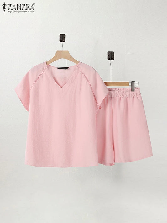 2025 ZANZEA Women's Short Sets Summer Lace Insert Short Sleeve V Neck T-shirt and Elastic Waist Shorts Casual 2-Pieces Suits