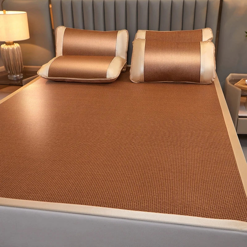 Summer Cool Rattan Mat Sets Natural Plant Fiber Ice Mats with Pillowcase Foldable Non-Slip Breathable Cooling Mattress Cover