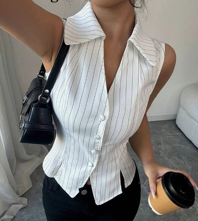 Sleeveless Lapel Short Sleeved Solid Color Button Women's Suit Jacket High Street Fashion Daily Elegant Summer Top